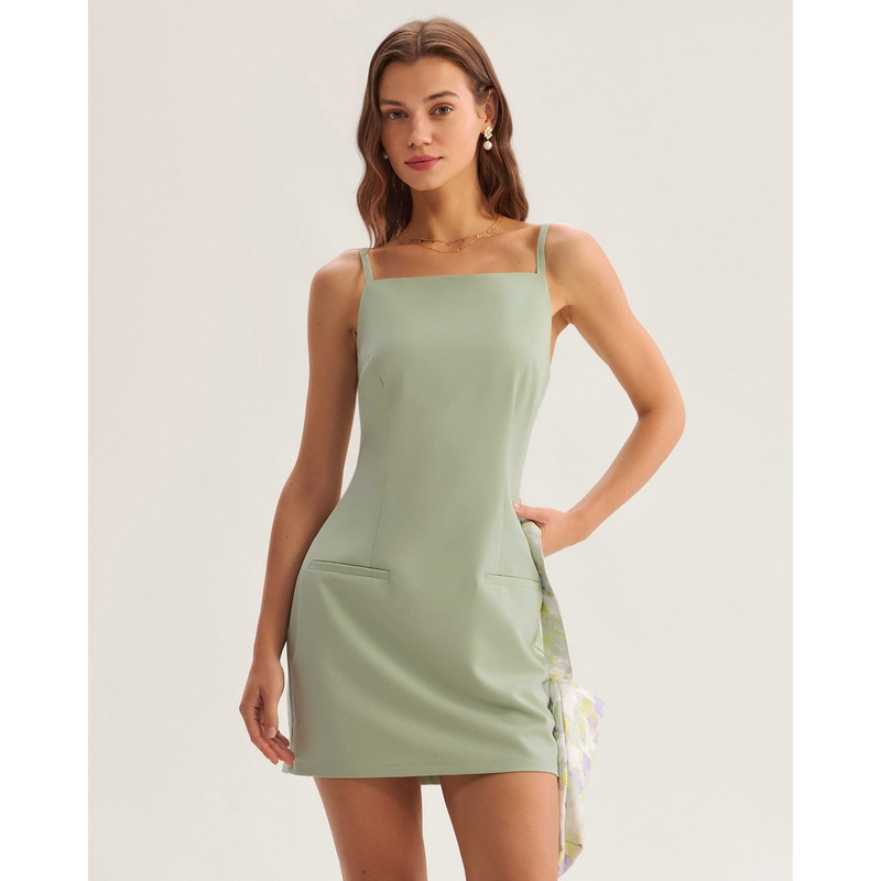 Green Square Neck Slip Mini Dress