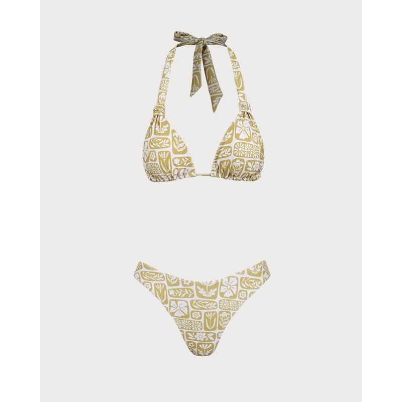 Khaki Knit Geometric Print Bikini Set