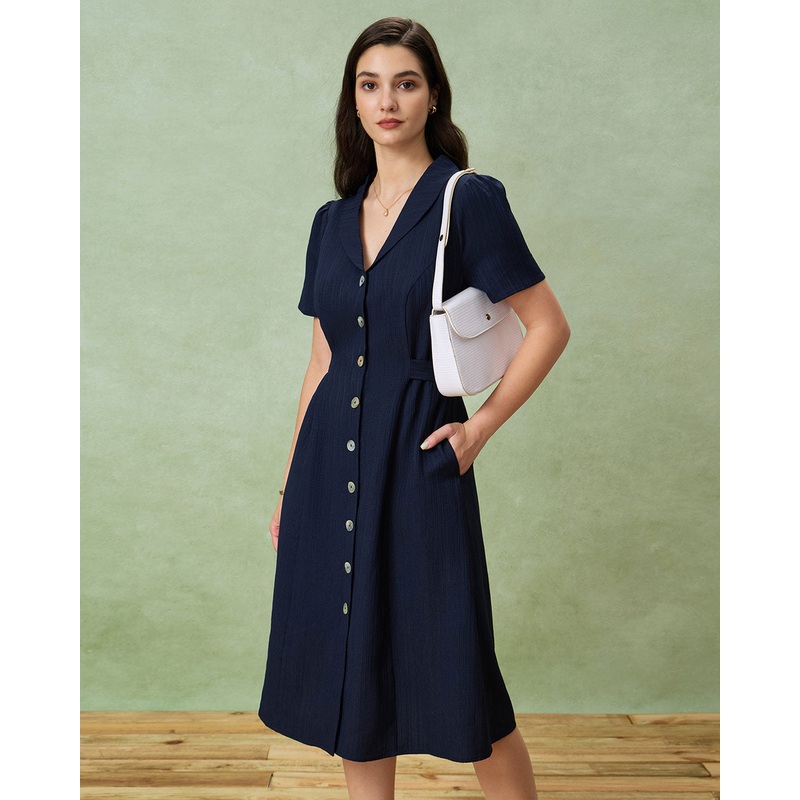 Navy Button A-Line Pocket Midi Dress