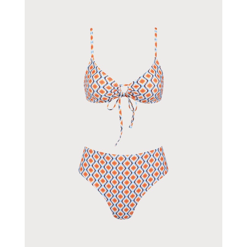 Orange Knitted Geometric Wave Print Bikini Set
