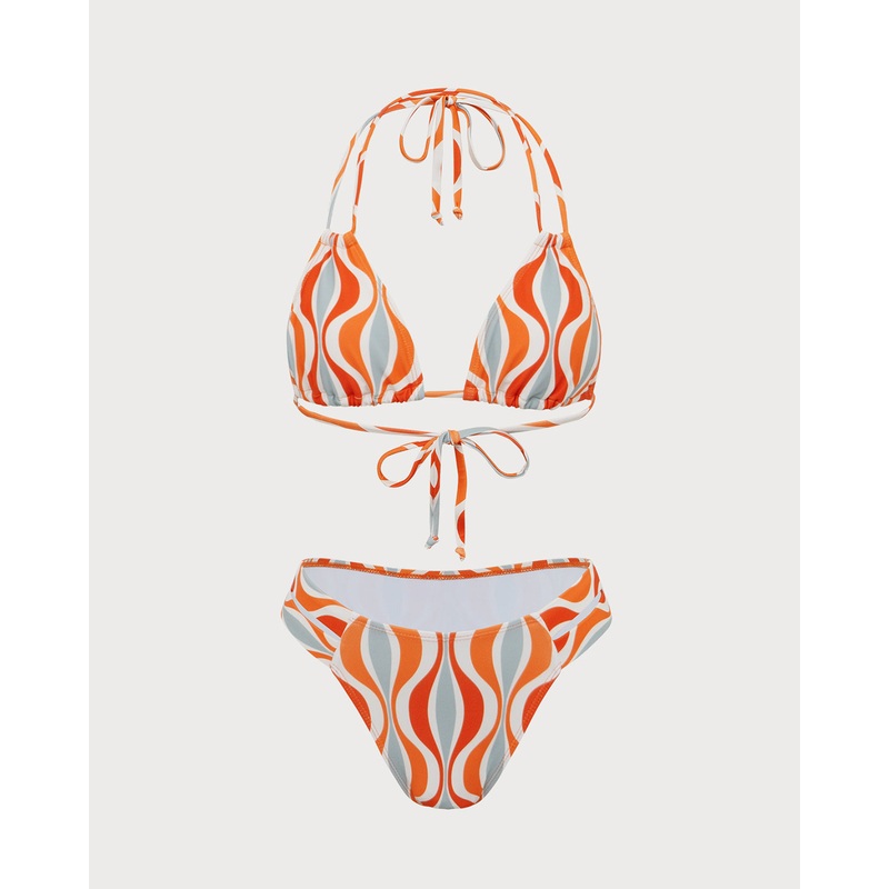 Orange Knitted Wave Print Bikini Set