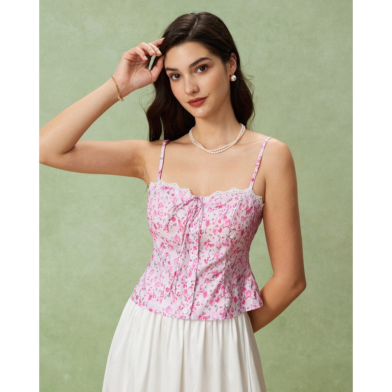 Pink Floral Sweetheart Neck Cami Top