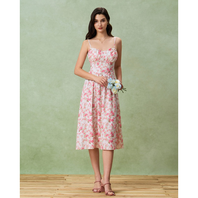 Pink Floral Sweetheart Neck Shirred Slip Midi Dress