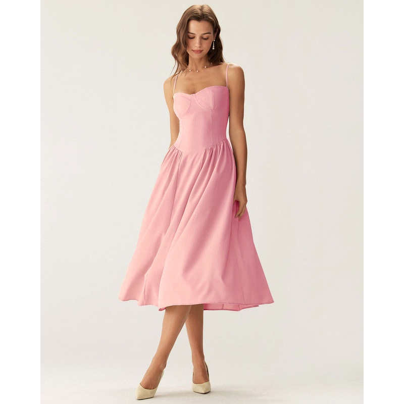 Pink Square Neck Pocket Slip Midi Dress
