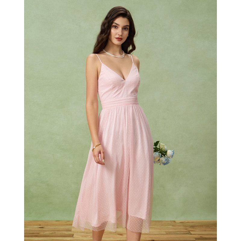Pink V Neck Backless Slip Midi Dress