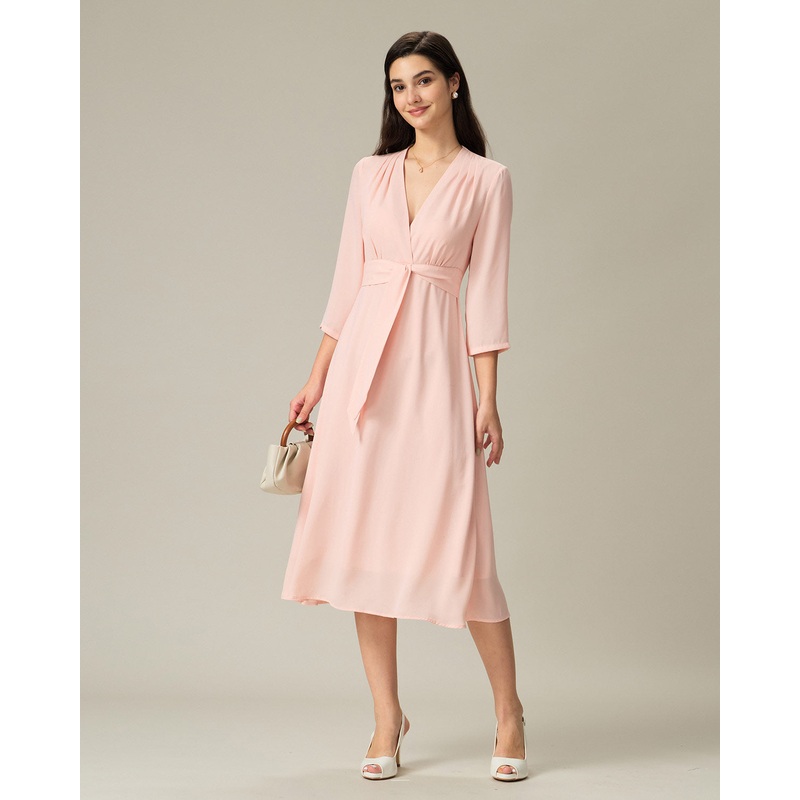Pink V-Neck Pleated Midi Dress