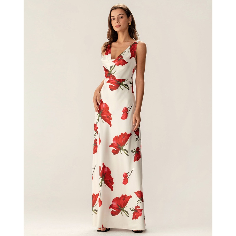 Red Floral Satin Slip Maxi Dress