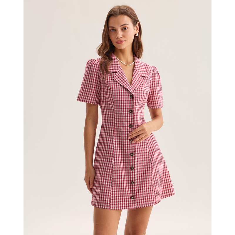 Red Plaid Pocket Button Mini Dress