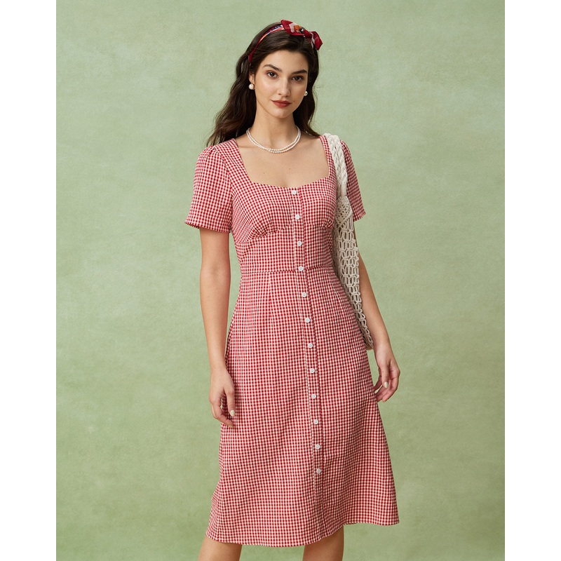 Red Plaid Square Neck Midi Dress