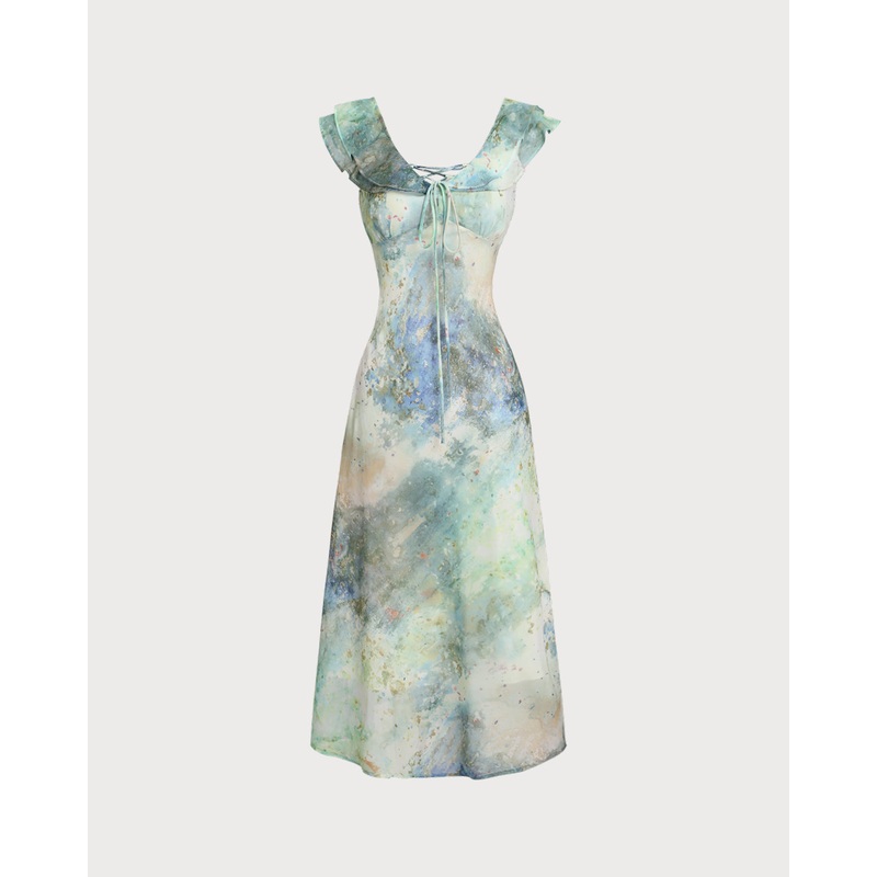 Tie Dye U-Neck Cap Sleeve Midi Dress