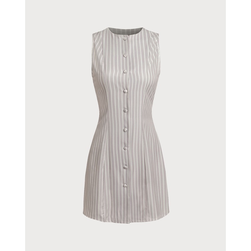 White Crew Neck Button Sleeveless Mini Dress