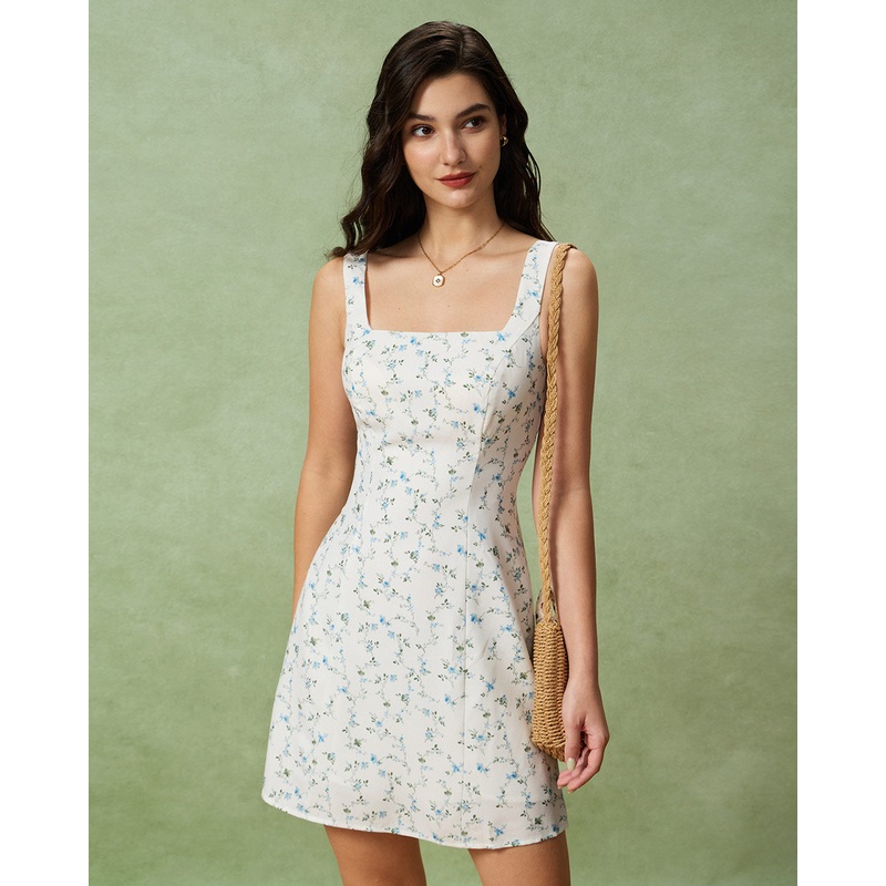 White Floral Square Neck Slip Mini Dress