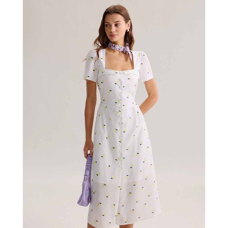 White Fruit Square Neck Midi Dress