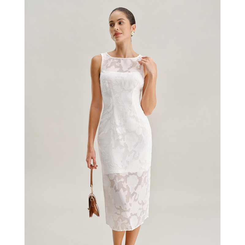White Lace Boat Neck Midi Dress