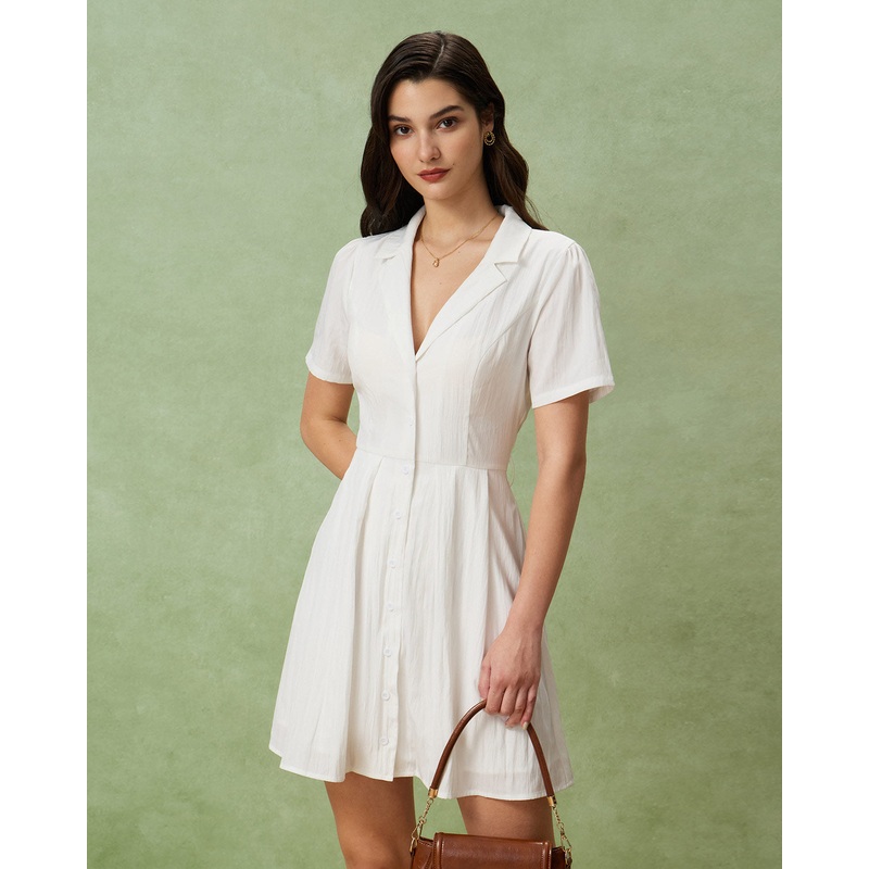 White Puffed Sleeve Button Mini Dress