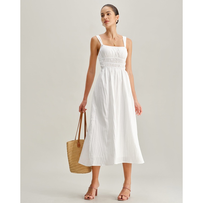 White Ruched Slip Maxi Dress