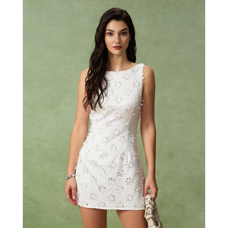 White Textured Boat Neck Sleeveless Mini Dress