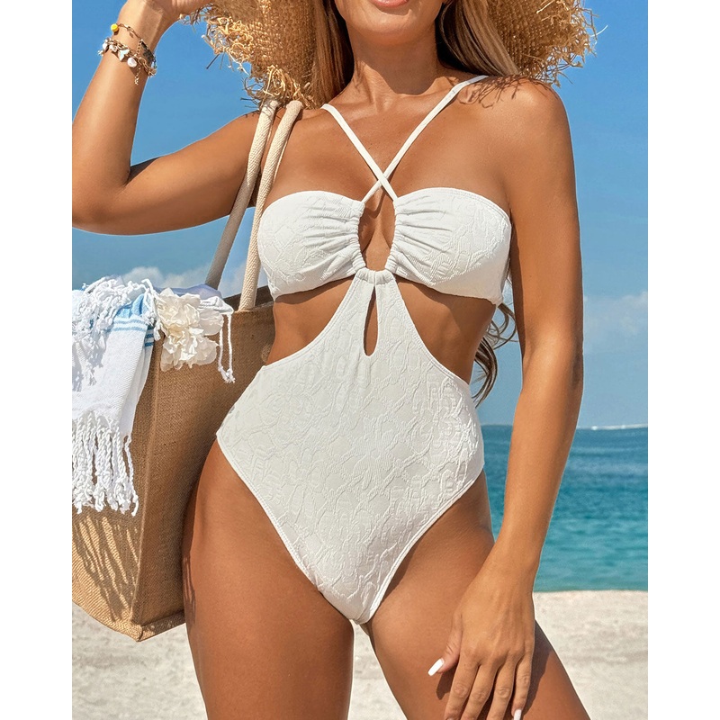 White Textured Halter One-Piece Swimsuit