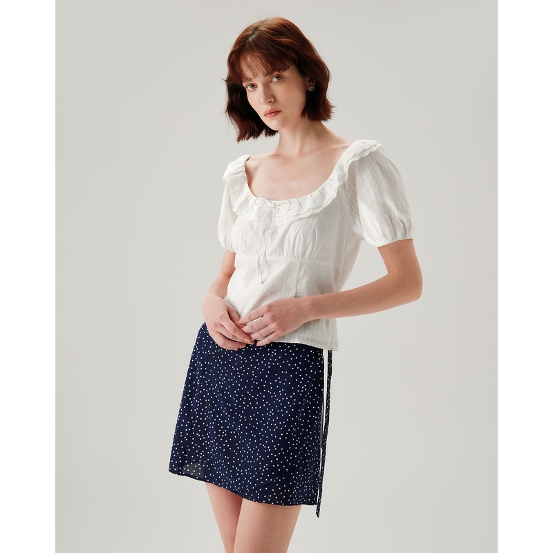 White Textured Scoop Neck Ruffle Blouse