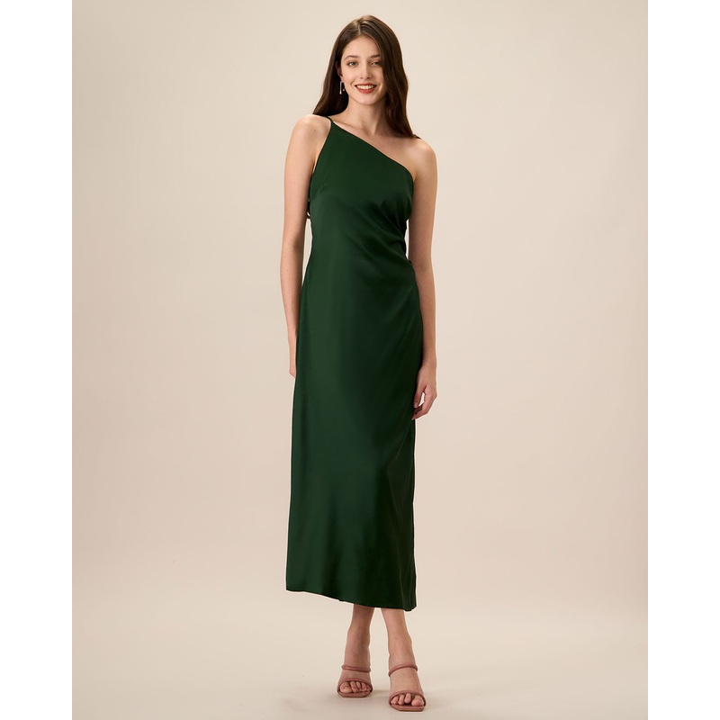 Women’s Green One-shoulder Satin Maxi Dress