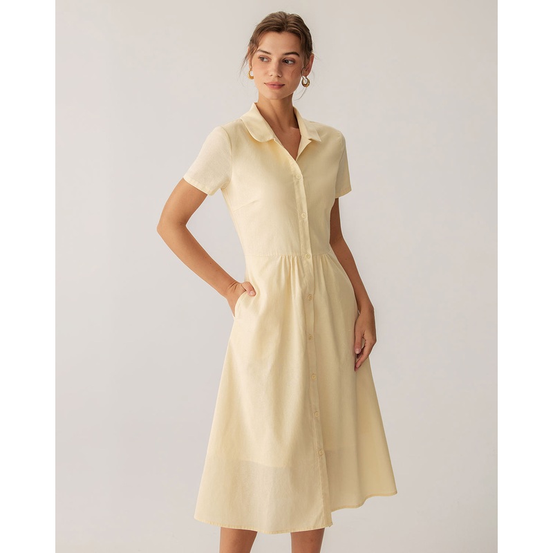 Yellow Button Short Sleeve Midi Dress