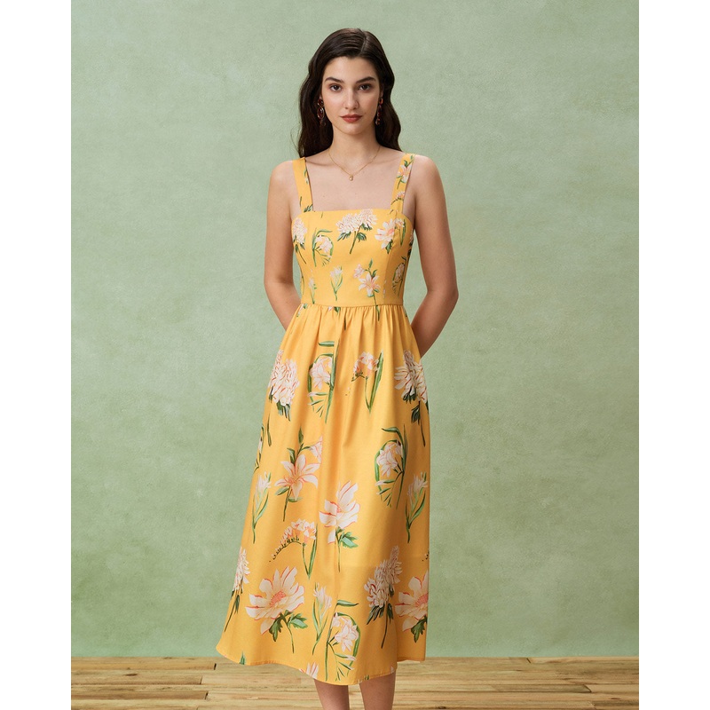 Yellow Floral A-Line Slip Midi Dress