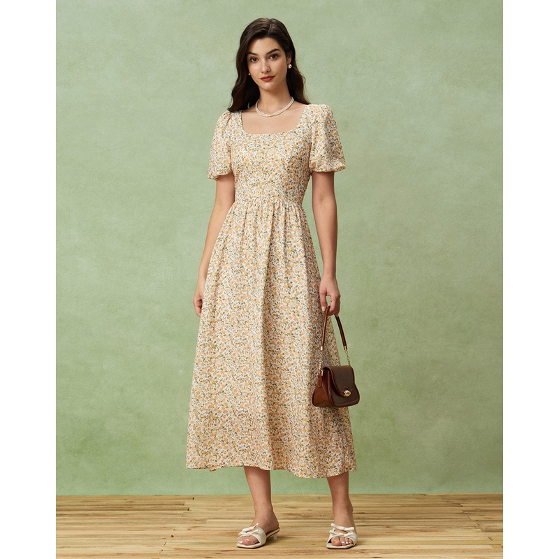 Yellow Floral Puffed Sleeve Midi Dress