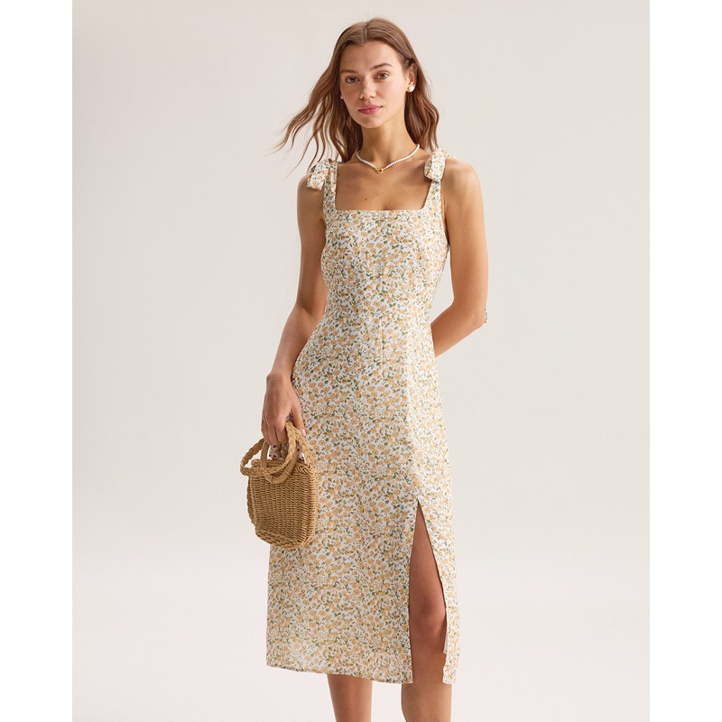 Yellow Floral Shirred Slip Midi Dress