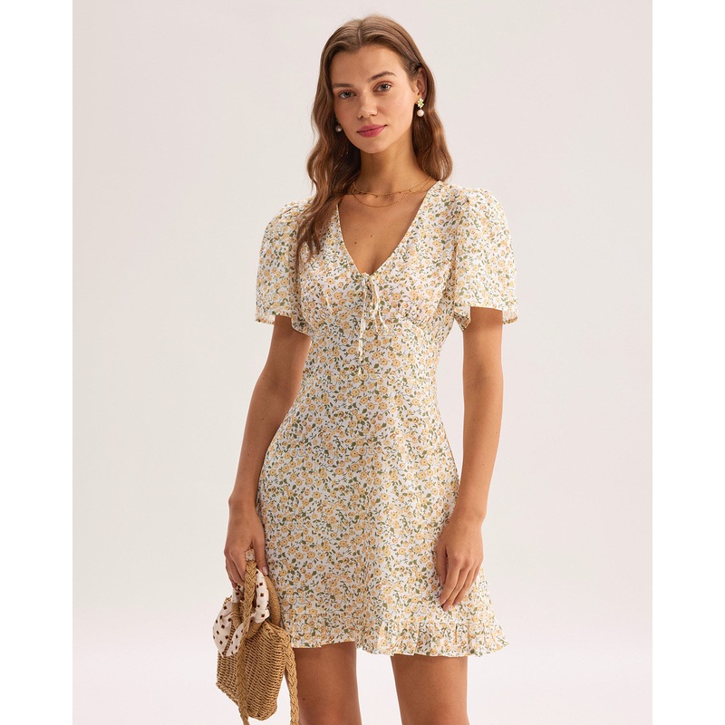Yellow Floral V-Neck Mini Dress