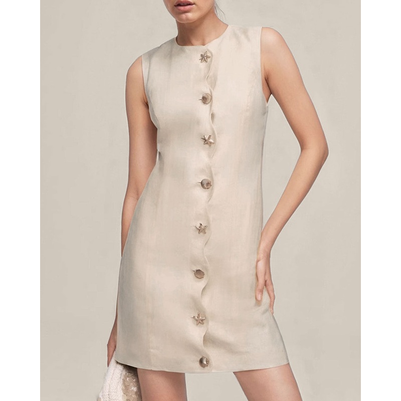 Yellow Round Neck Button Sleeveless Mini Dress