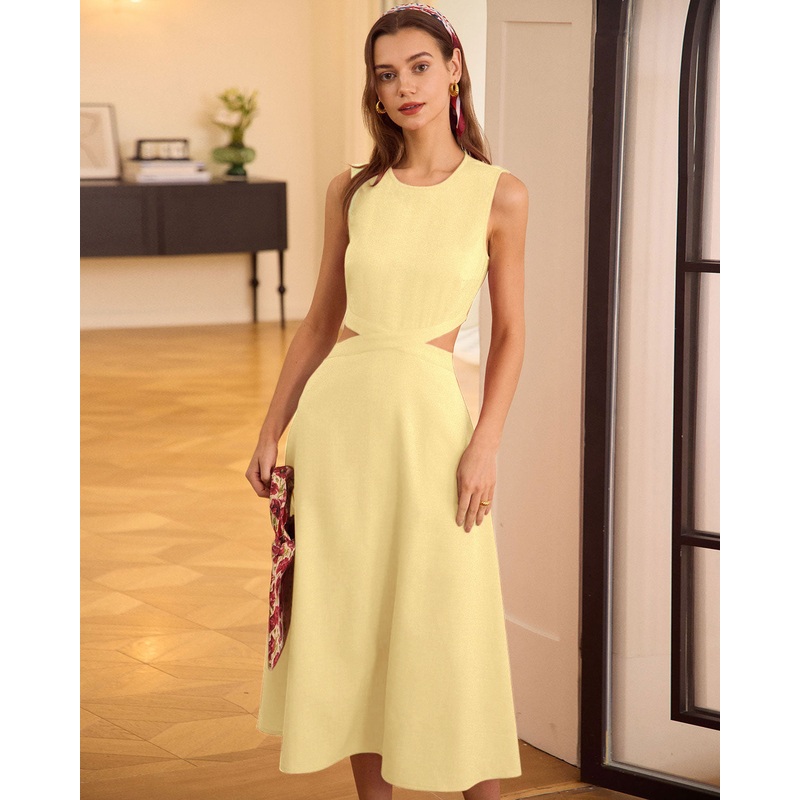 Yellow Round Neck Cut-Out Midi Dress