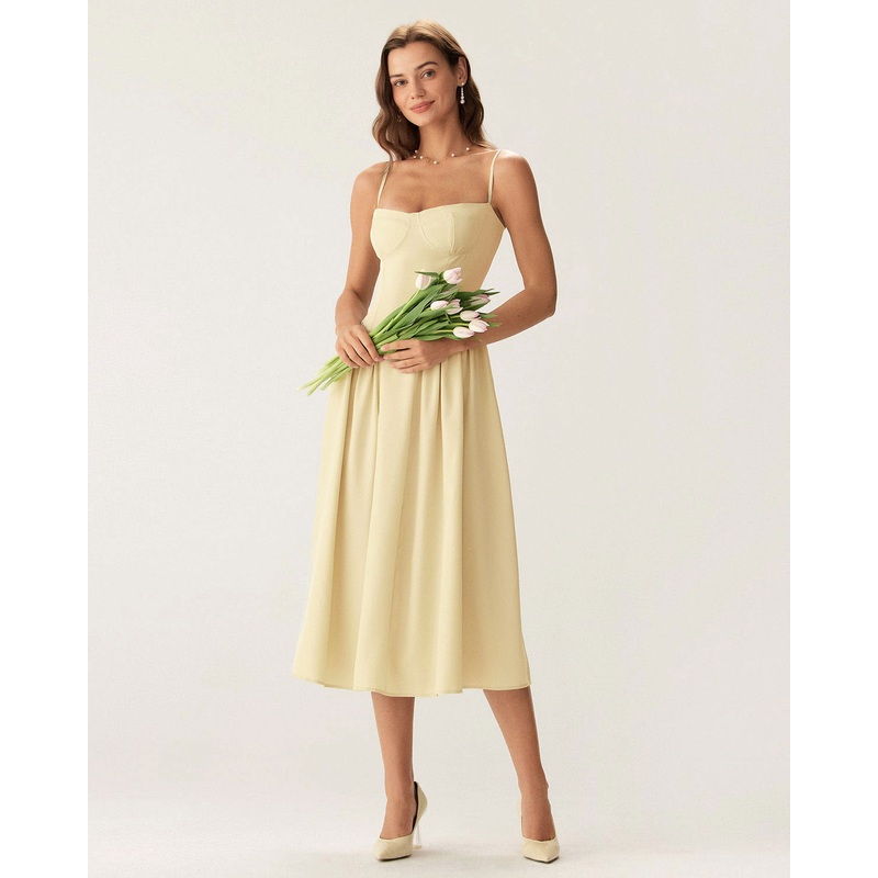 Yellow Square Neck Pocket Slip Midi Dress