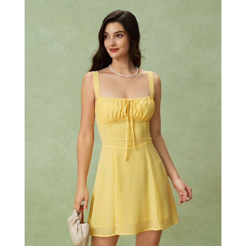 Yellow Square Neck Ruched Mini Dress