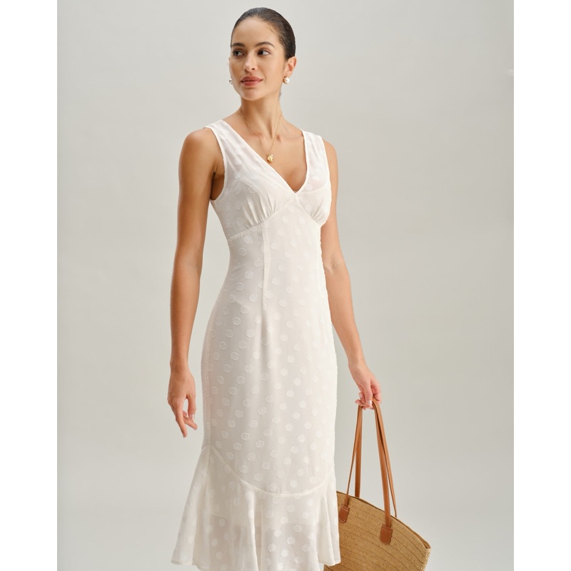 Beige Polka Dot V-Neck Midi Dress