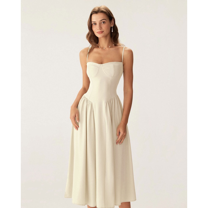 Beige Square Neck Pocket Slip Midi Dress