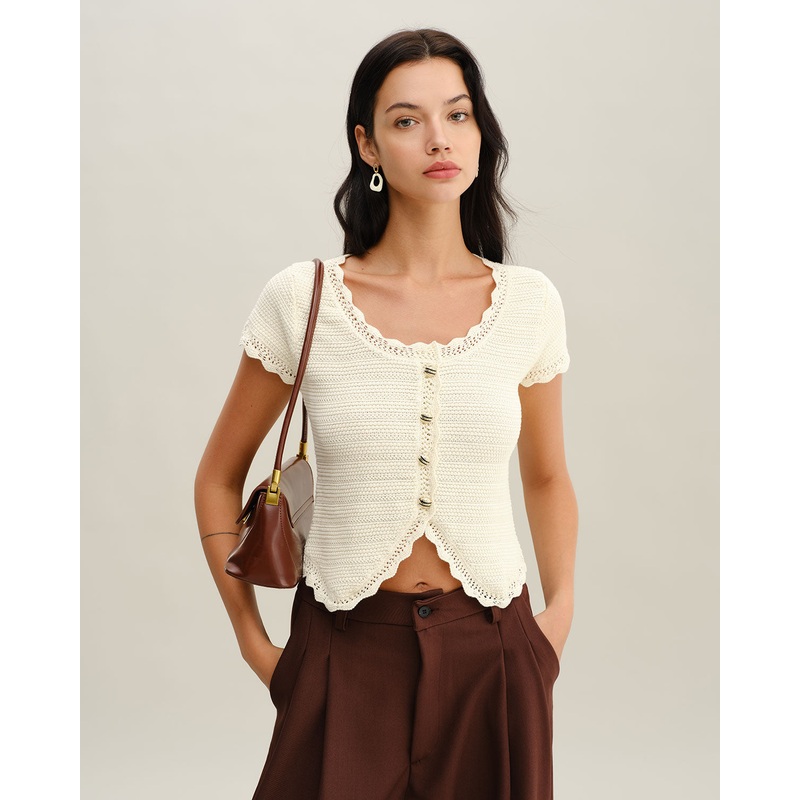Beige U Neck Textured Cardigan