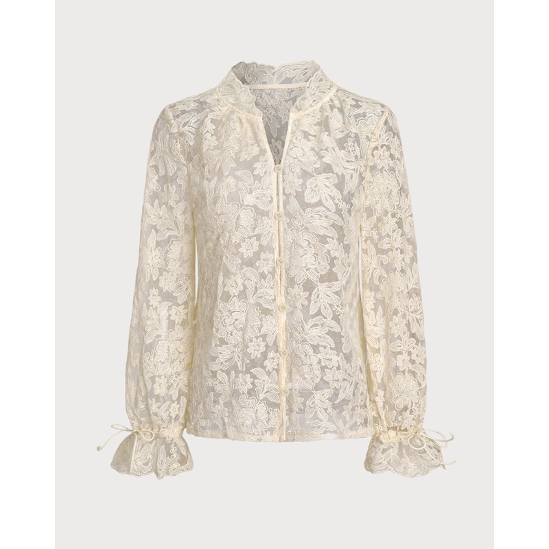 Beige V Neck Ruffle Blouse