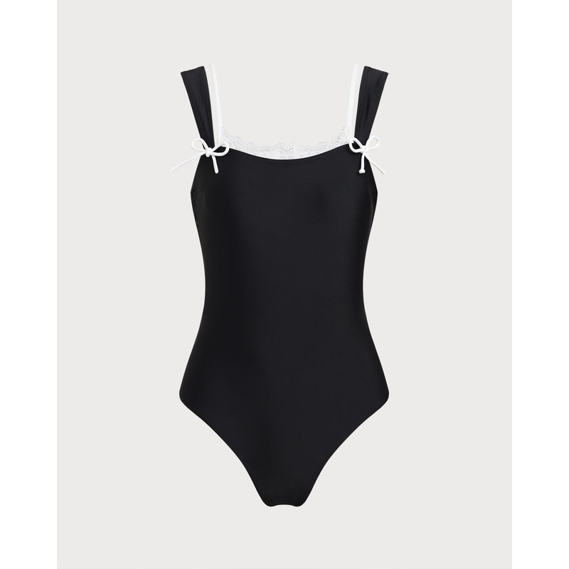 Black Contrast Lace One-Piece Swimsuit