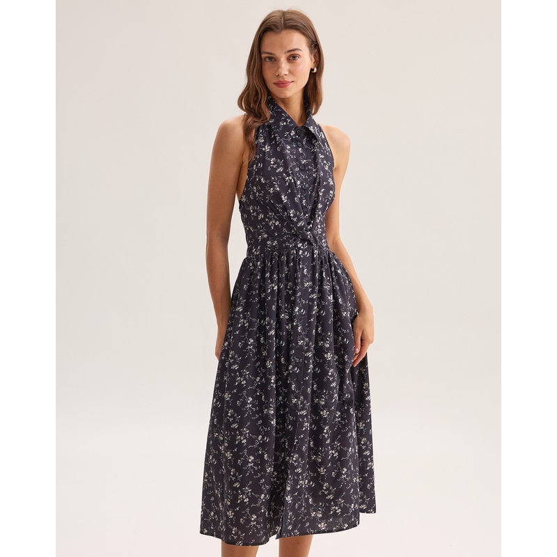 Black Floral Shirred Backless Midi Dress