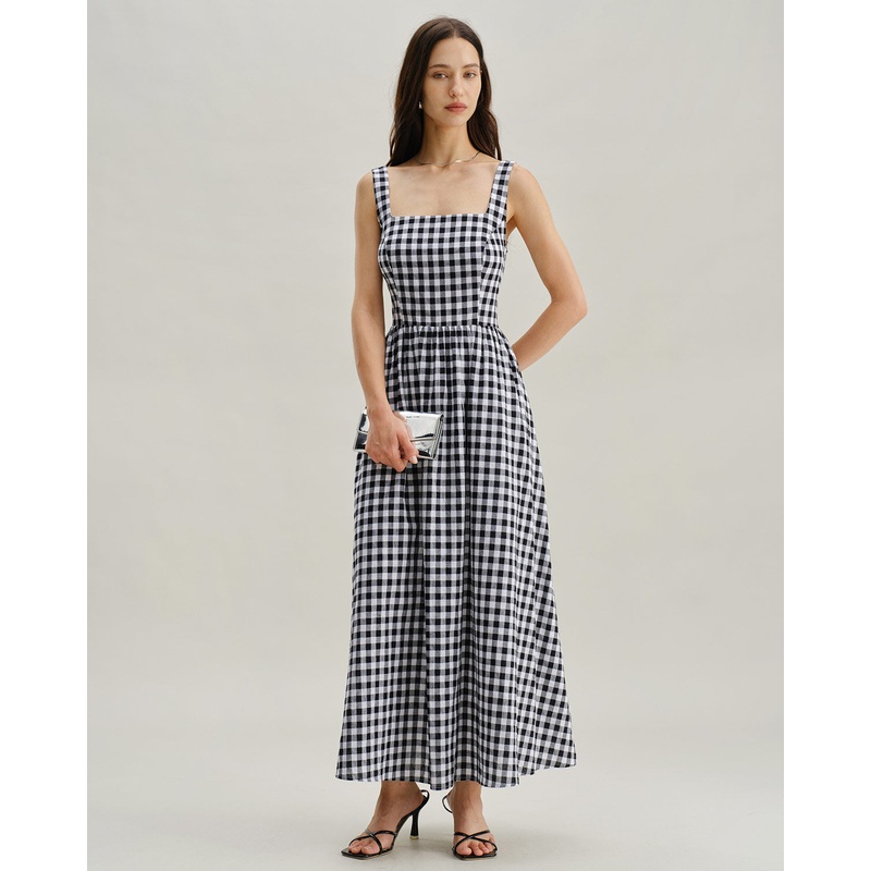 Black Plaid Square Neck Pocket Slip Maxi Dress