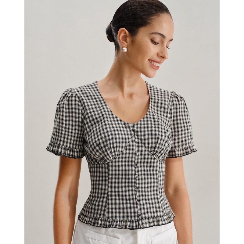 Black Plaid V Neck Ruffle Blouse