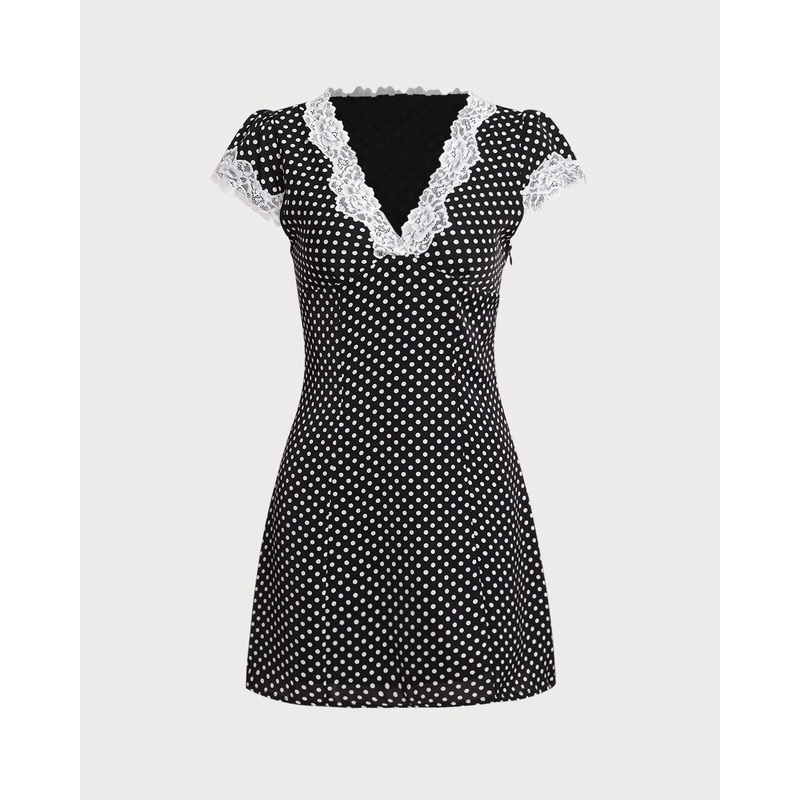 Black Polka Dot V Neck Lace Mini Dress