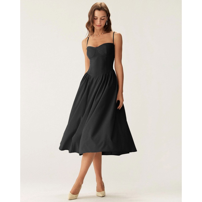 Black Square Neck Pocket Slip Midi Dress