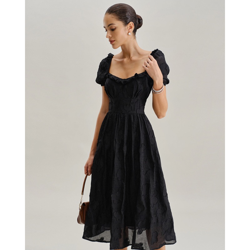 Black Square Neck Puffed Sleeve Midi Dress