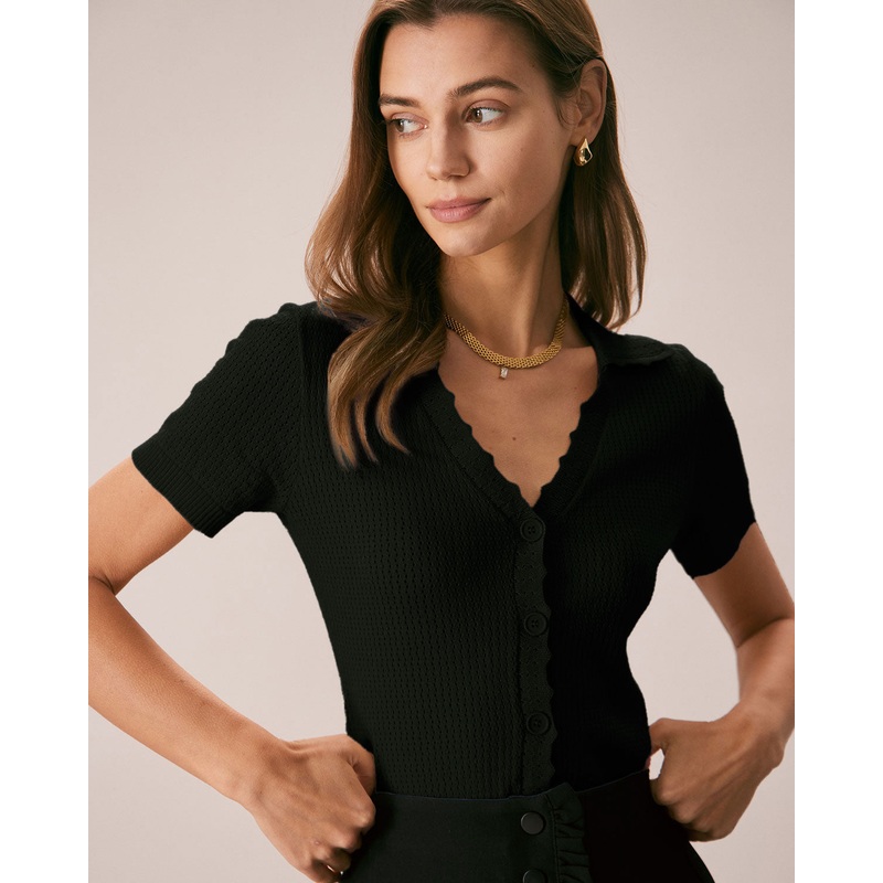 Black V Neck Button Pointelle Knit Tee