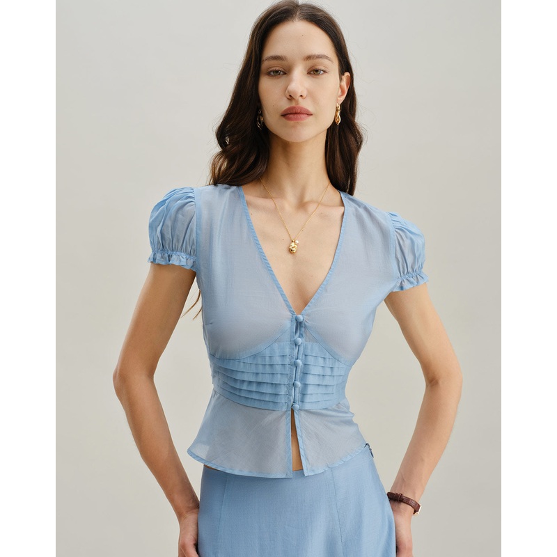 Blue Deep V Neck Short Sleeve Blouse