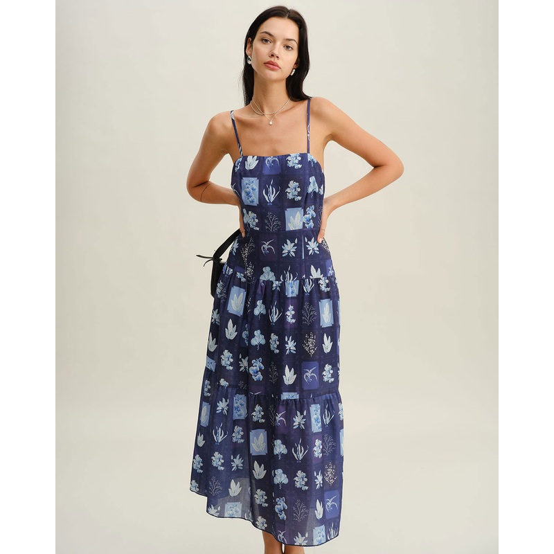 Blue Floral Ruched Bohemian Slip Maxi Dress