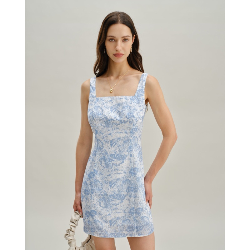Blue Floral Square Neck A-Line Slip Mini Dress