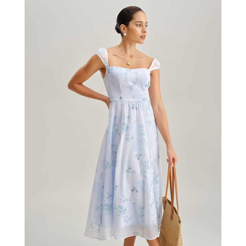 Blue Floral Sweetheart Neck Slip Midi Dress