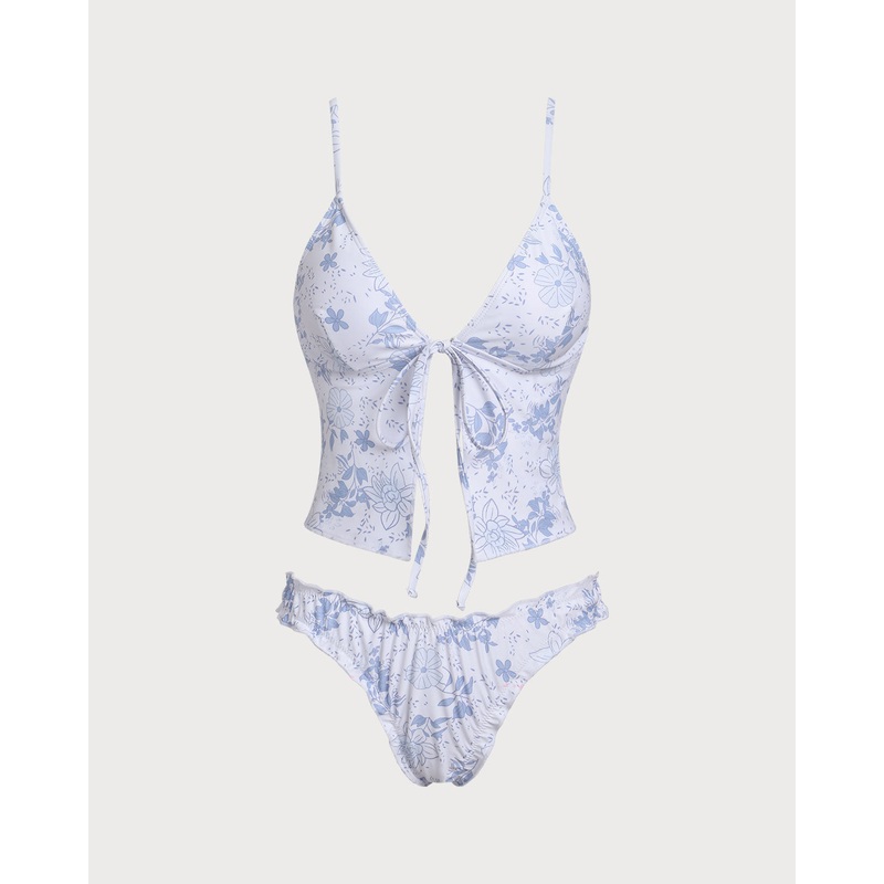 Blue Floral Tie Front Tankini Set